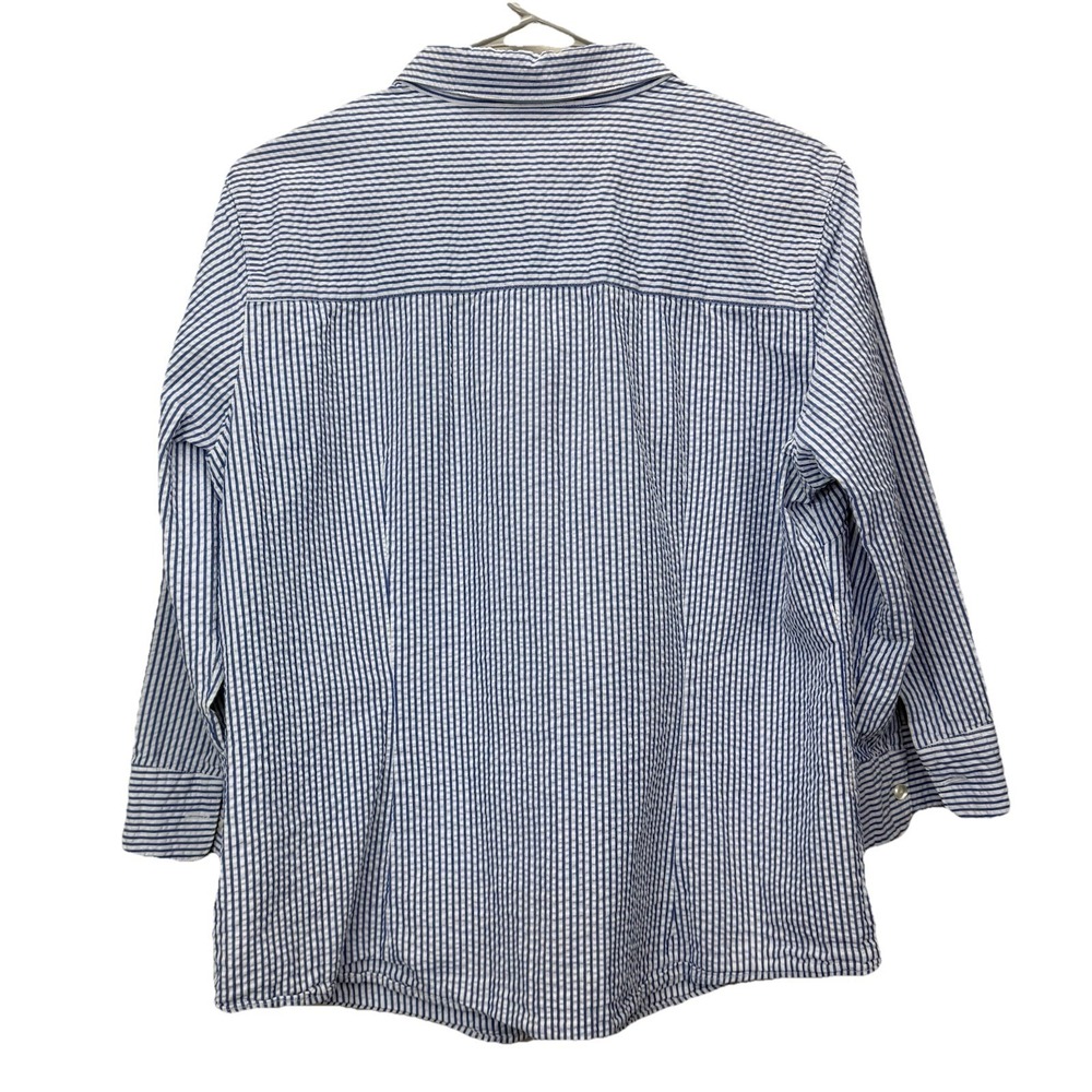 LL Bean Blue White Stripe 3/4 Sleeve‎ Button Up Cotton Seersucker Shirt LARGE - Picture 7 of 11